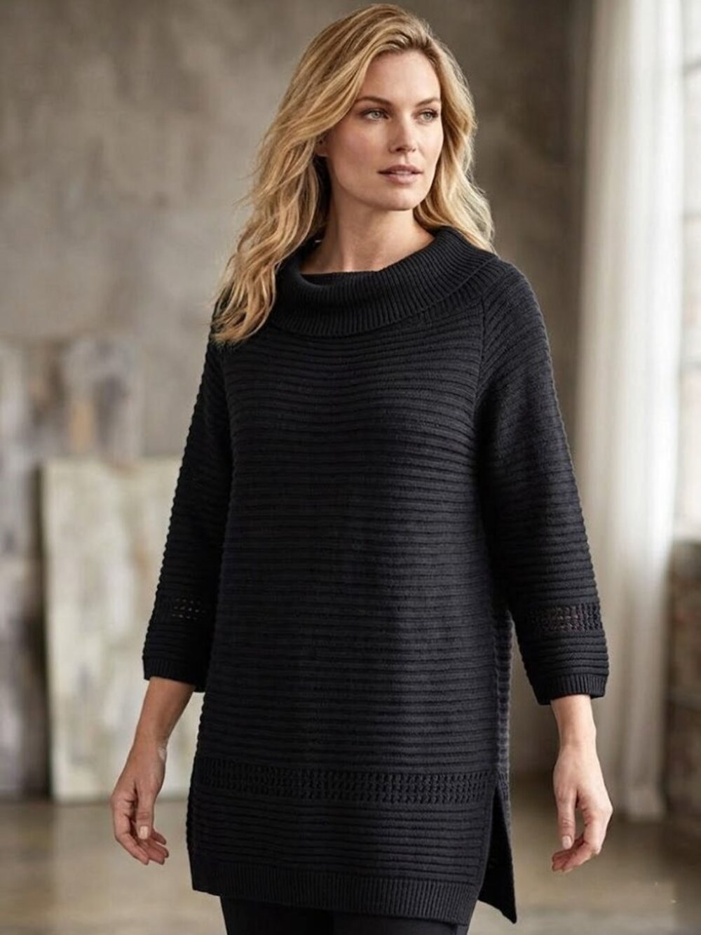 FUZZI Italy Ribbed Mesh Knit Boat Neck Cotton Tunic Sweater, Black Womens Size M